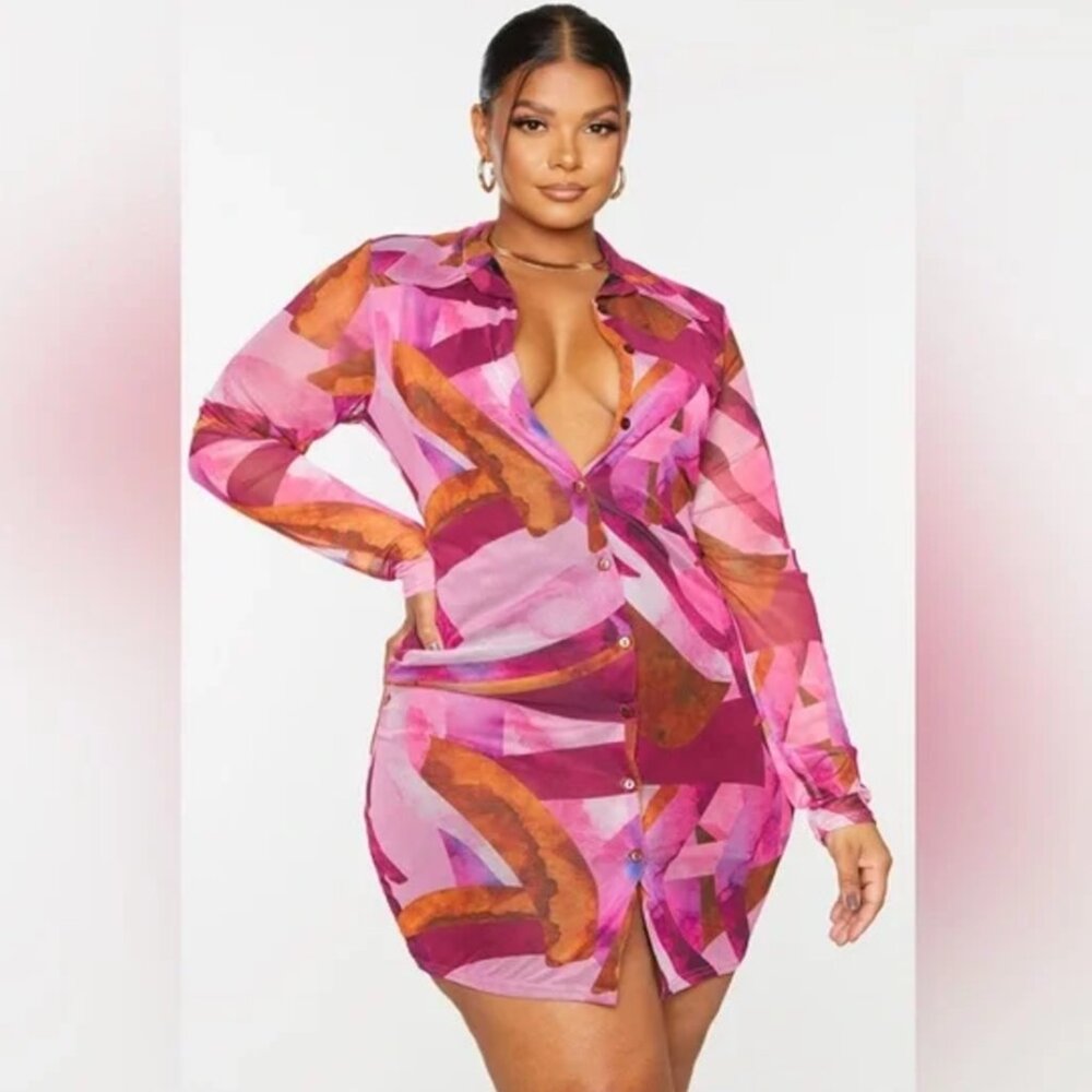 NWT Pretty Little Thing Plus Pink Abstract Mesh Button Down Shirt Dress US 16